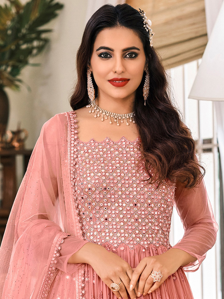 Salmon Pink Faux Georgette Embroidered Party Lawn Kameez