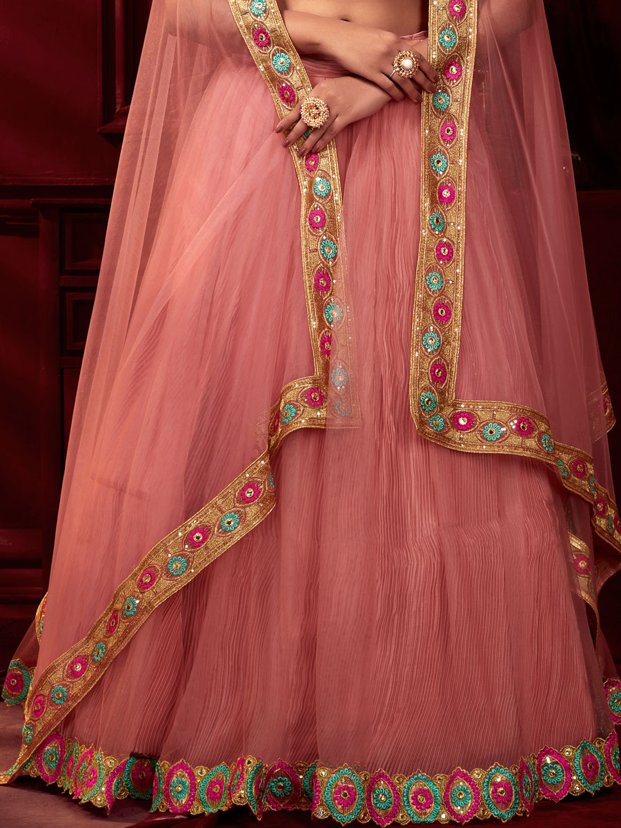 Salmon Pink Net and Satin Embroidered Party Lehenga Choli