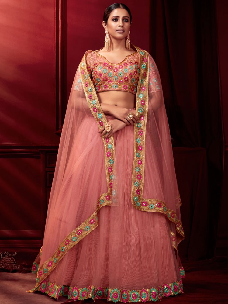 Salmon Pink Net and Satin Embroidered Party Lehenga Choli