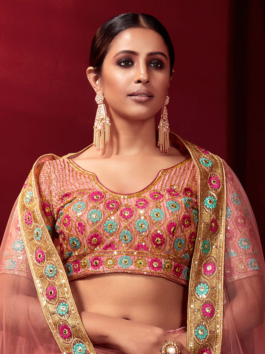 Salmon Pink Net and Satin Embroidered Party Lehenga Choli
