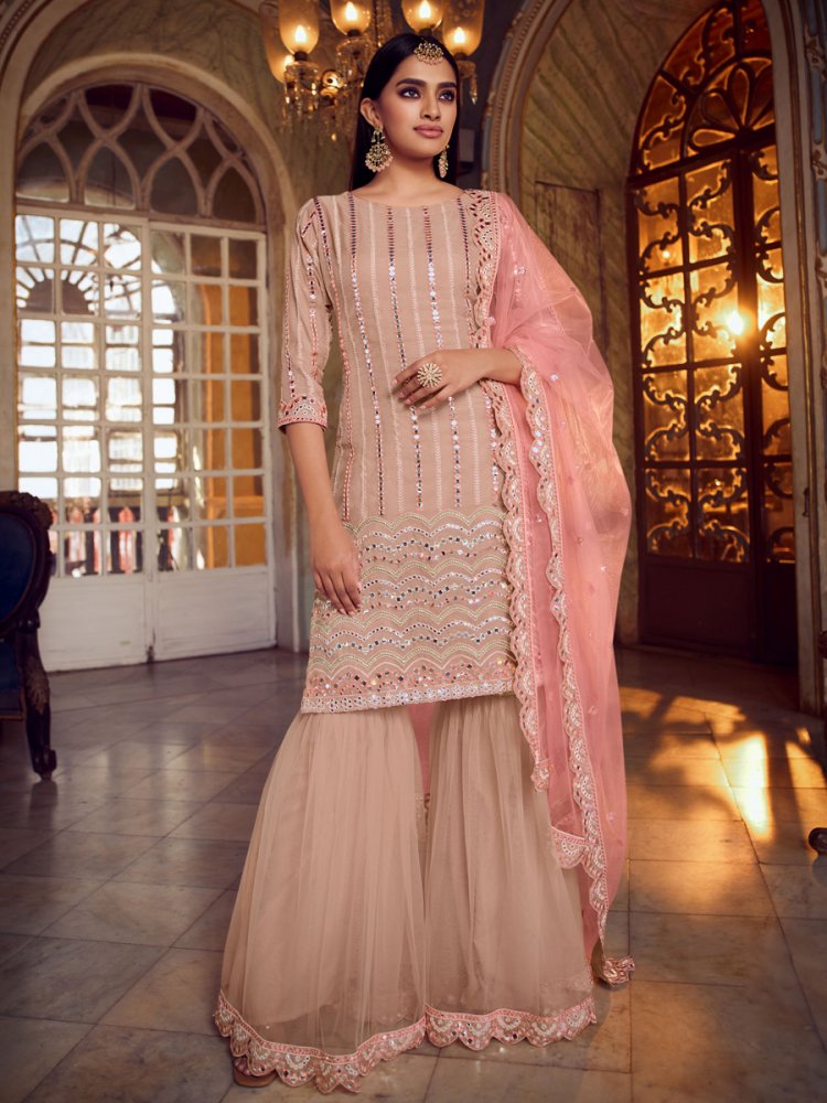 Salmon Pink Organza Embroidered Party Sharara Pant Kameez