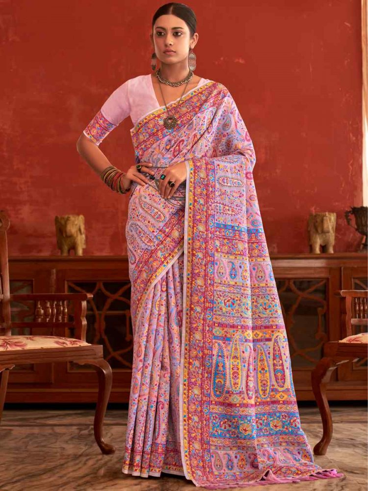 Salmon Pink Pasmin Silk Handwoven Wedding Festival Heavy Border Saree