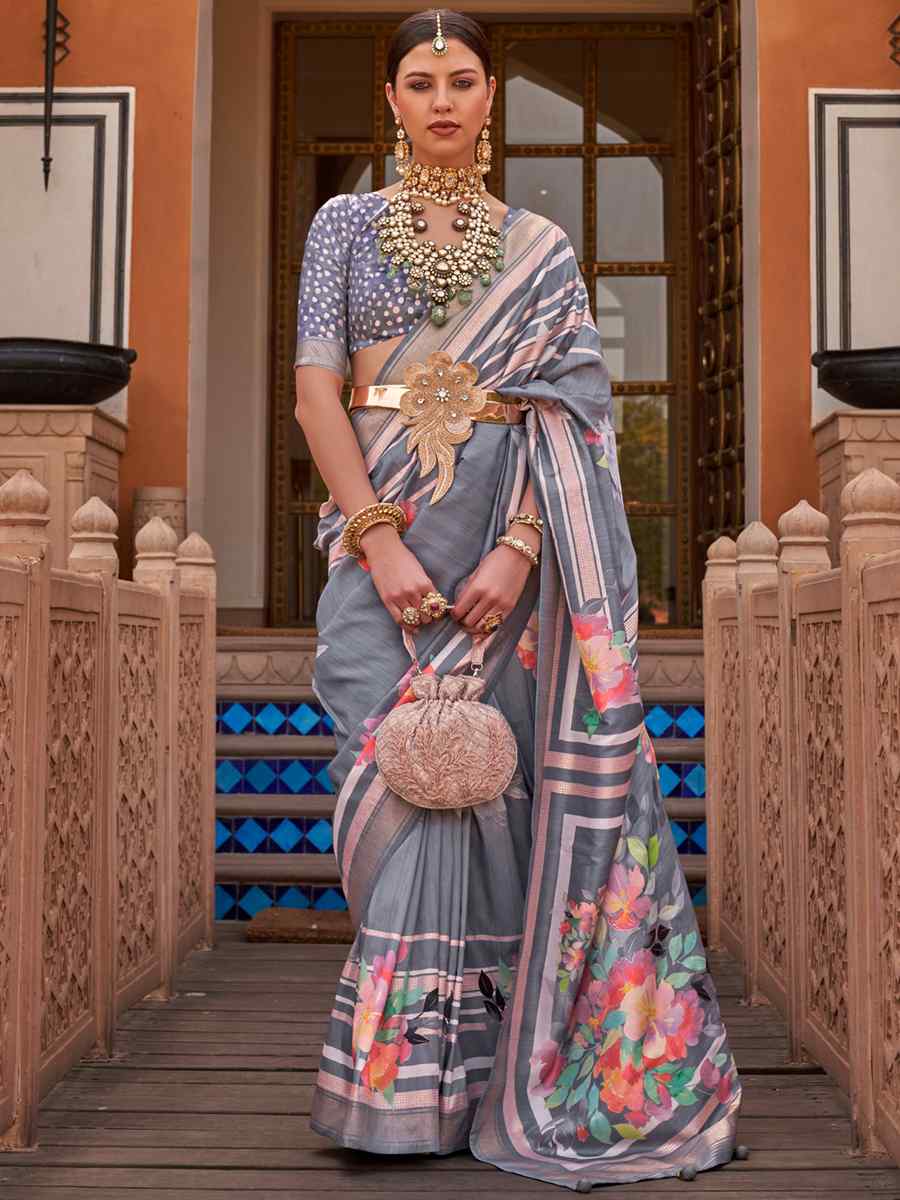 Salt Box Grey Silk Printed Casual Festival Classic Style Saree