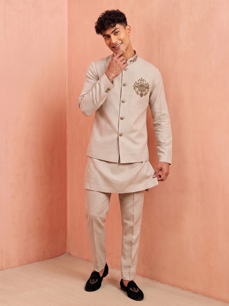 Image of Sand Premium Linen Embroidery Festival Wedding Party Mens Kurta with Jacket