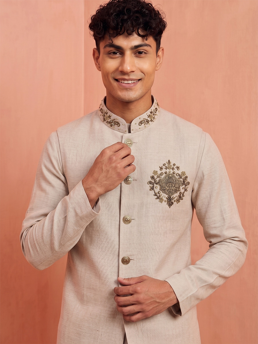 Sand Premium Linen Embroidery Festival Wedding Party Mens Kurta with Jacket