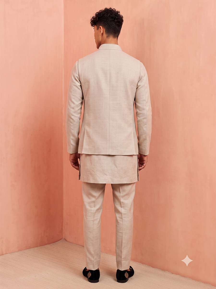 Sand Premium Linen Embroidery Festival Wedding Party Mens Kurta with Jacket