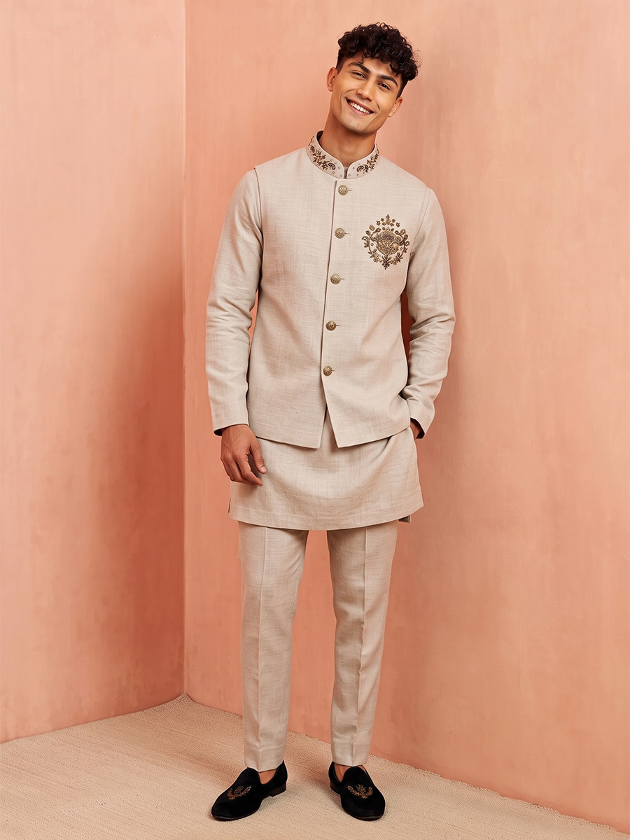 Sand Premium Linen Embroidery Festival Wedding Party Mens Kurta with Jacket