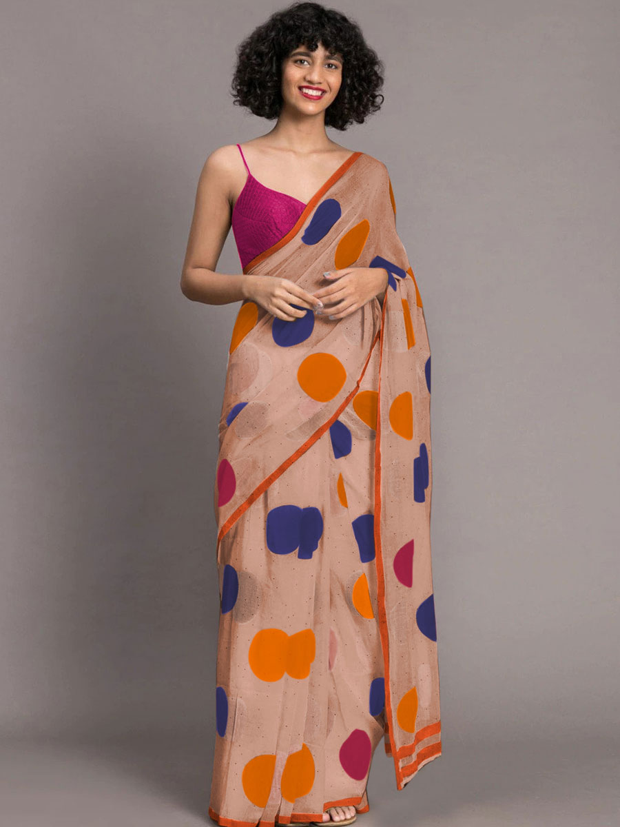 Sandy Brown and Magenta Pink Chenderi and Linen Casual Printed Saree