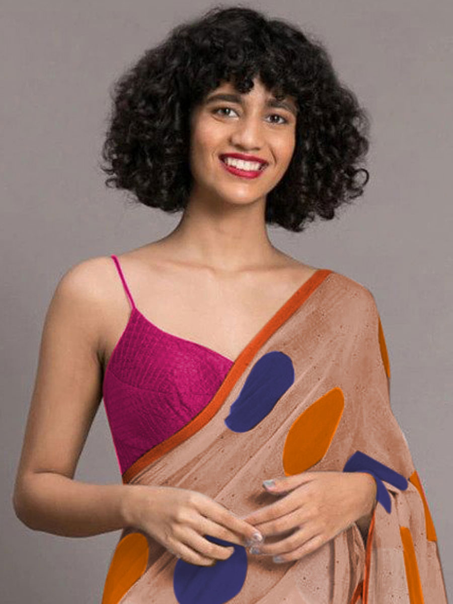 Sandy Brown and Magenta Pink Chenderi and Linen Casual Printed Saree