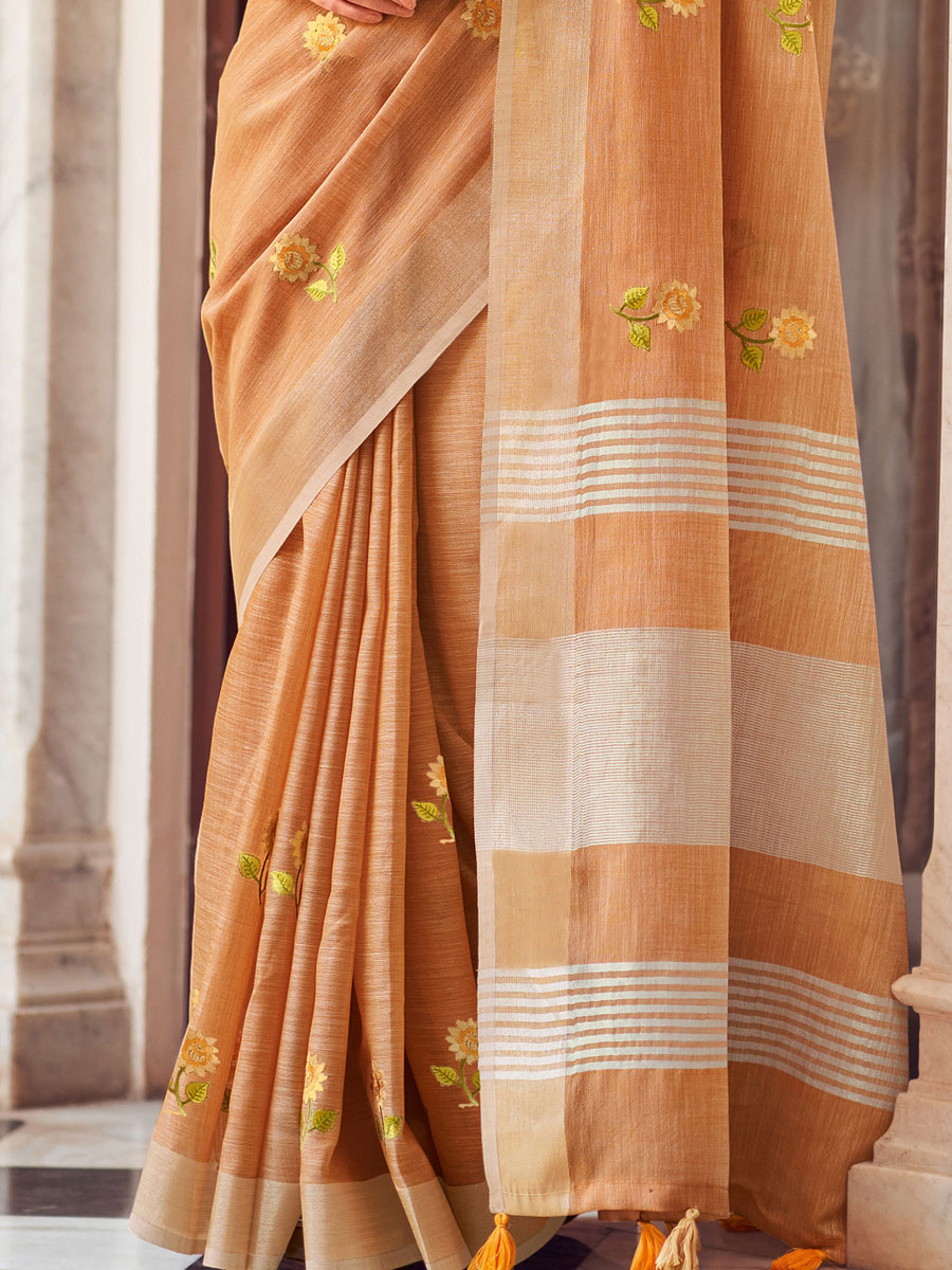 Sandy Brown Linen Embroidered Party Saree