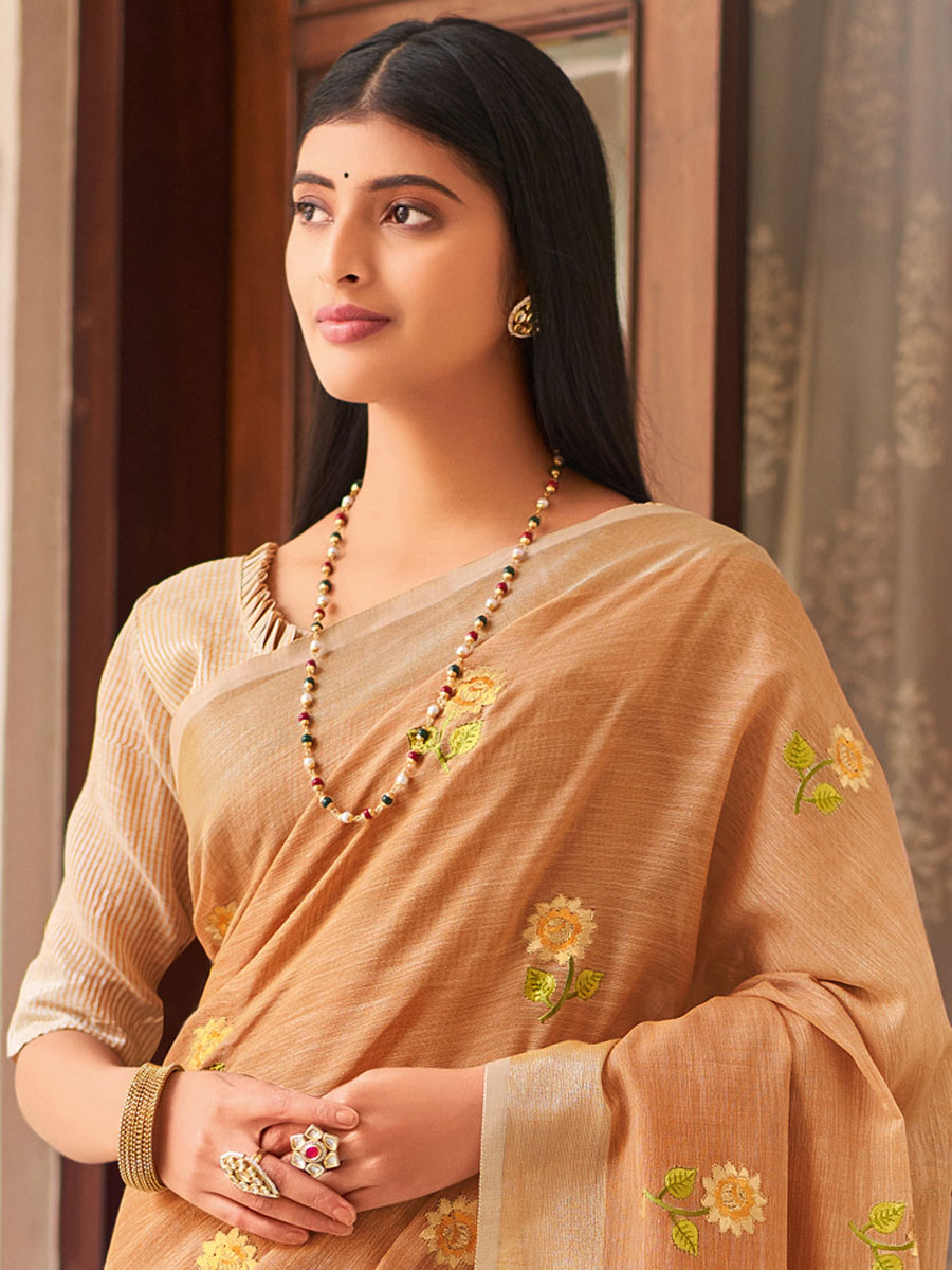 Sandy Brown Linen Embroidered Party Saree