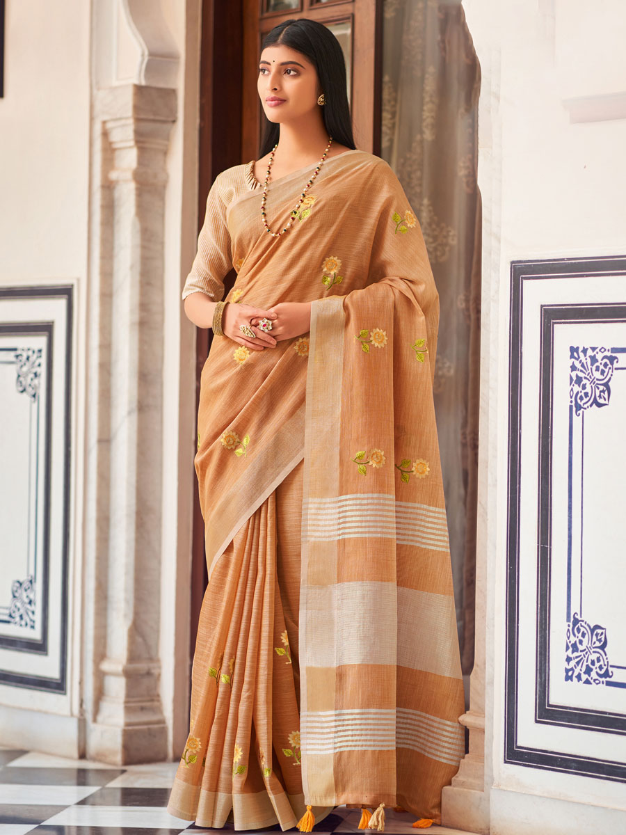 Sandy Brown Linen Embroidered Party Saree