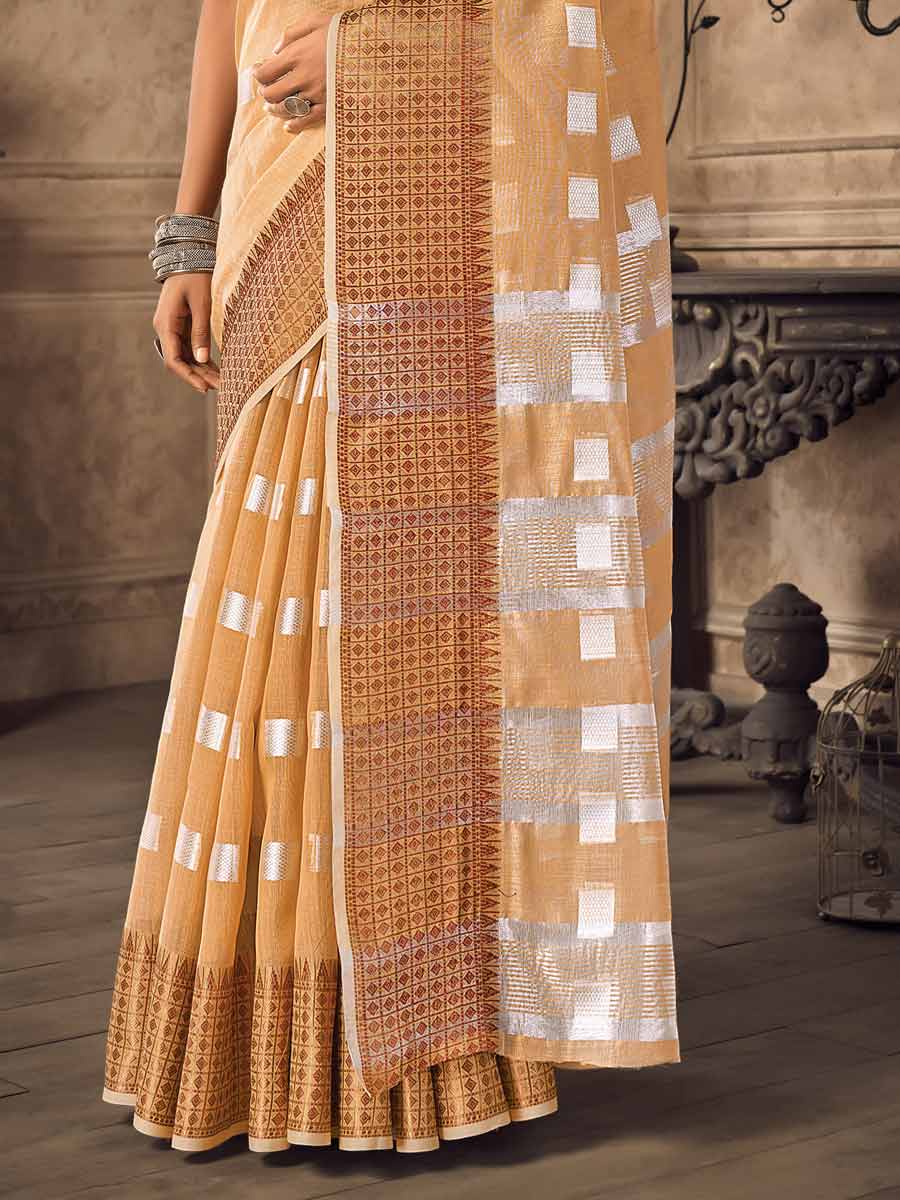 Sandy Brown Linen Handwoven Festival Saree