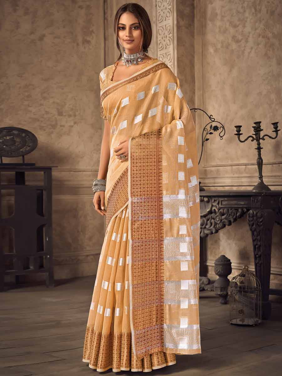 Sandy Brown Linen Handwoven Festival Saree