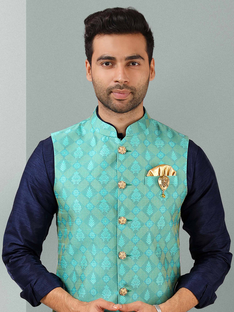 Sapphire Blue And Alice Blue Jacquard Banarasi Silk Woven Kurta Nehru Jacket Set