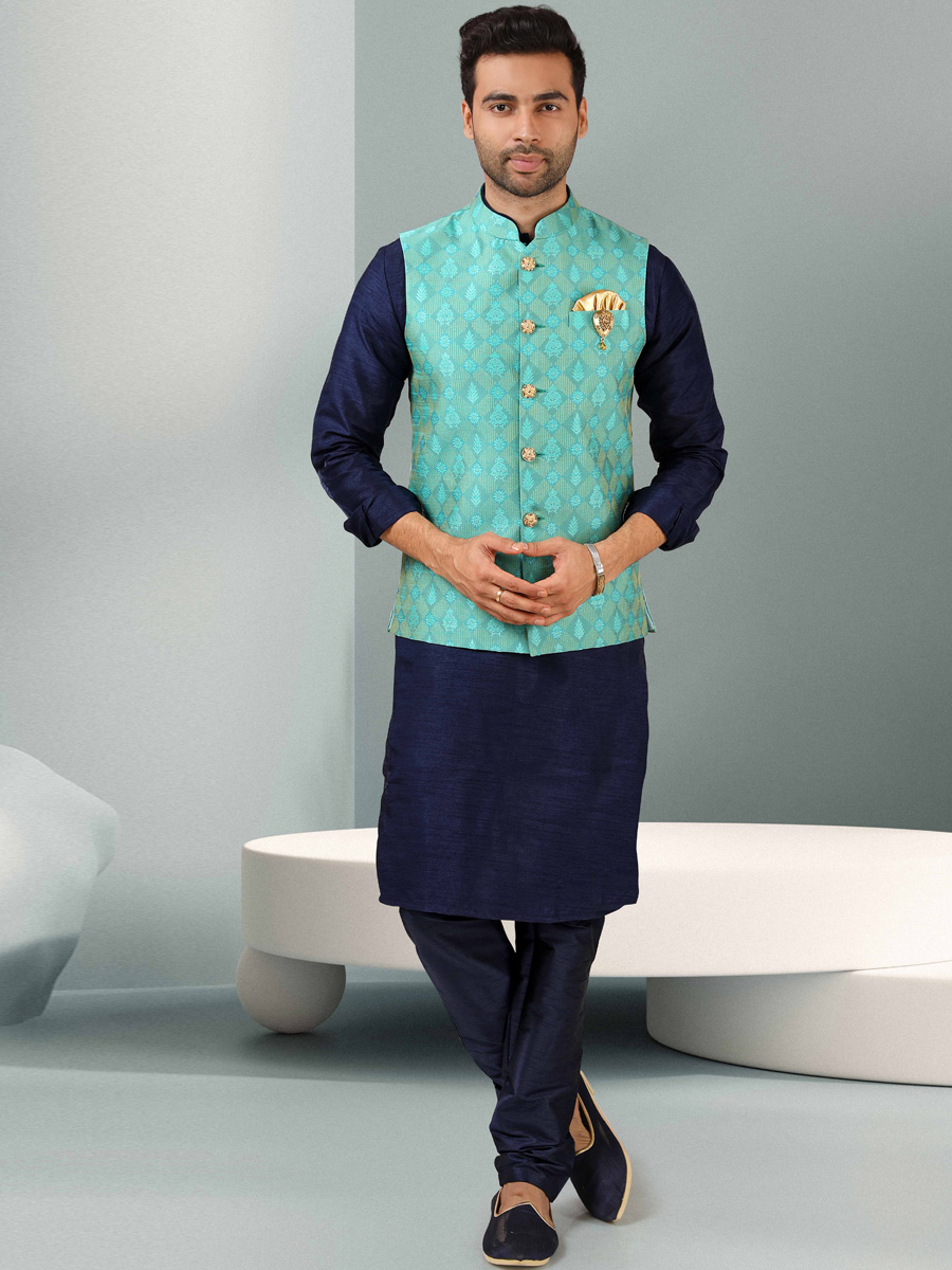 Sapphire Blue And Alice Blue Jacquard Banarasi Silk Woven Kurta Nehru Jacket Set