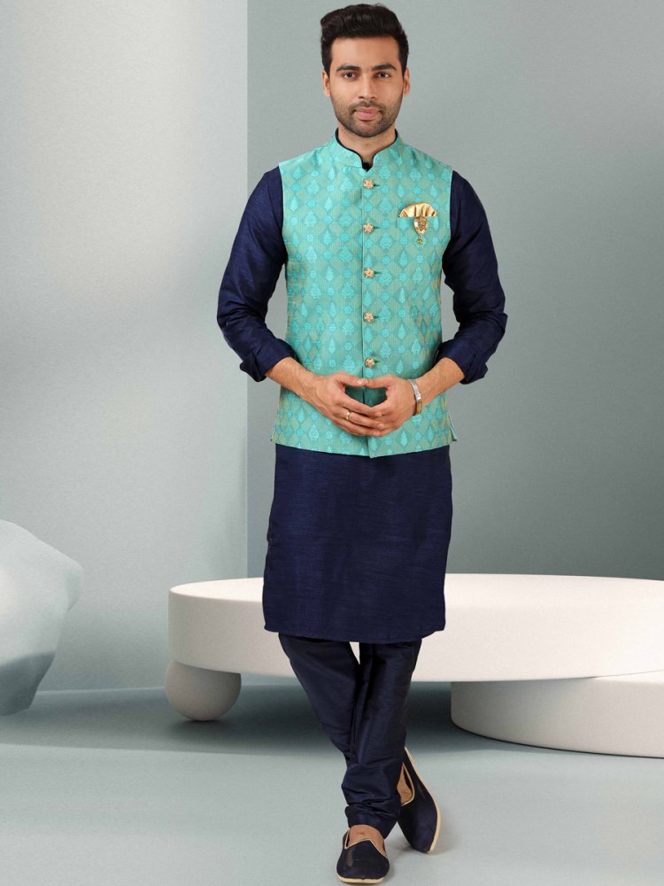 Sapphire Blue And Alice Blue Jacquard Banarasi Silk Woven Kurta Nehru Jacket Set