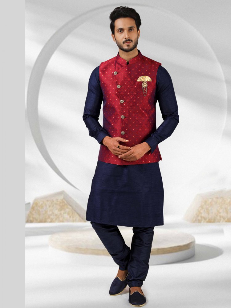 Sapphire Blue And Maroon Jacquard Banarasi Silk Woven Kurta Nehru Jacket Set
