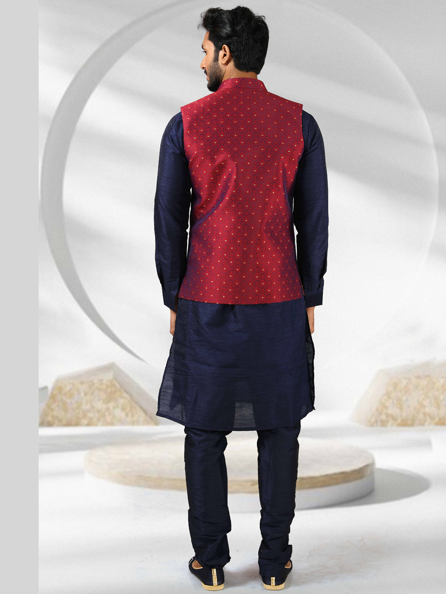 Sapphire Blue And Maroon Jacquard Banarasi Silk Woven Kurta Nehru Jacket Set