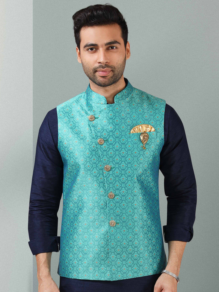 Sapphire Blue And Maya Blue Jacquard Banarasi Silk Woven Kurta Nehru Jacket Set