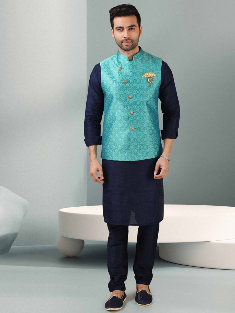 Sapphire Blue And Maya Blue Jacquard Banarasi Silk Woven Kurta Nehru Jacket Set