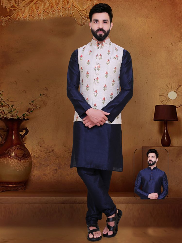 Sapphire Blue And Off-White Silk Handwoven Party Kurta Nehru Jacket