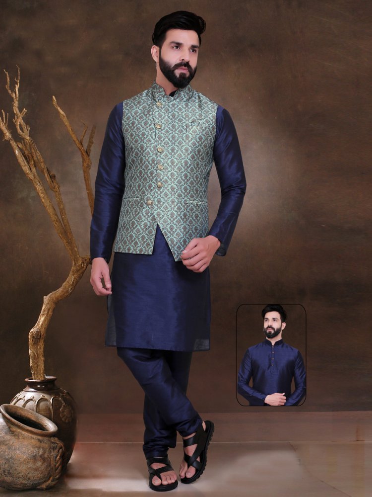 Sapphire Blue And Tea Green Silk Handwoven Party Kurta Nehru Jacket