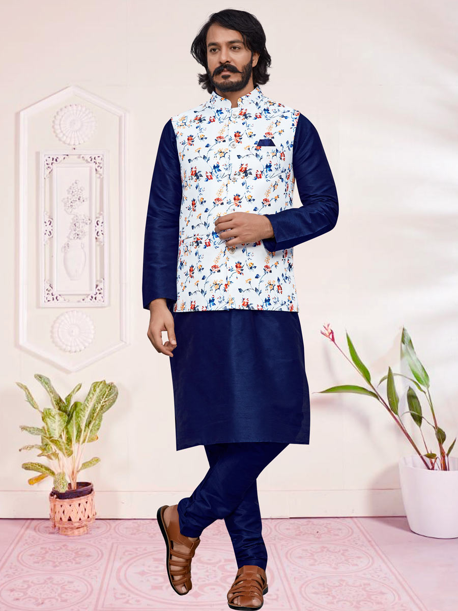 Sapphire Blue Art Silk Festival Printed Kurta Set With Jacket