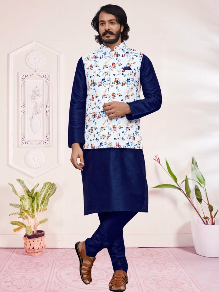 Sapphire Blue Art Silk Festival Printed Kurta Set With Jacket