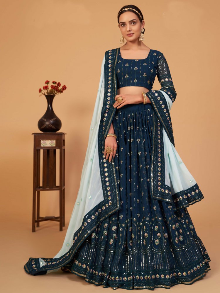 Sapphire Blue Faux Georgette Embroidered Party Lehenga Choli
