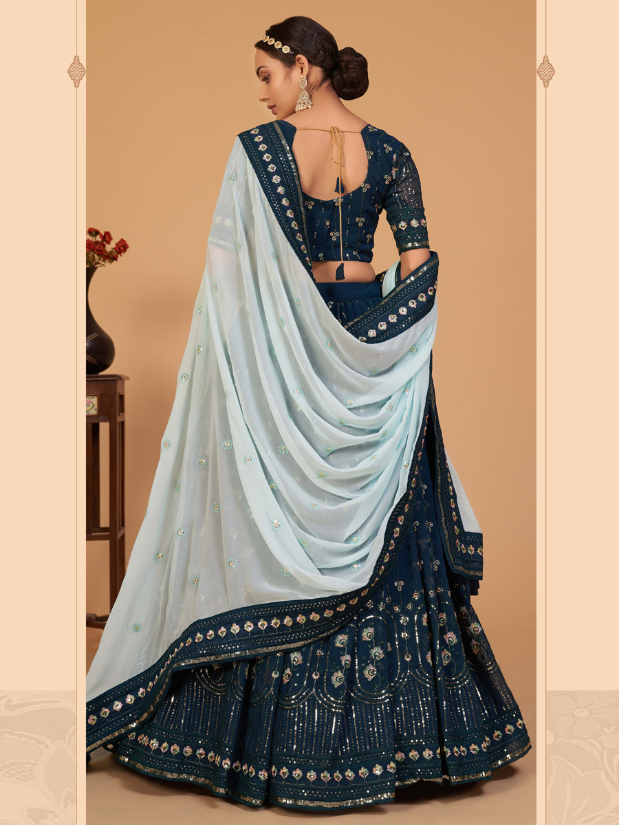 Sapphire Blue Faux Georgette Embroidered Party Lehenga Choli