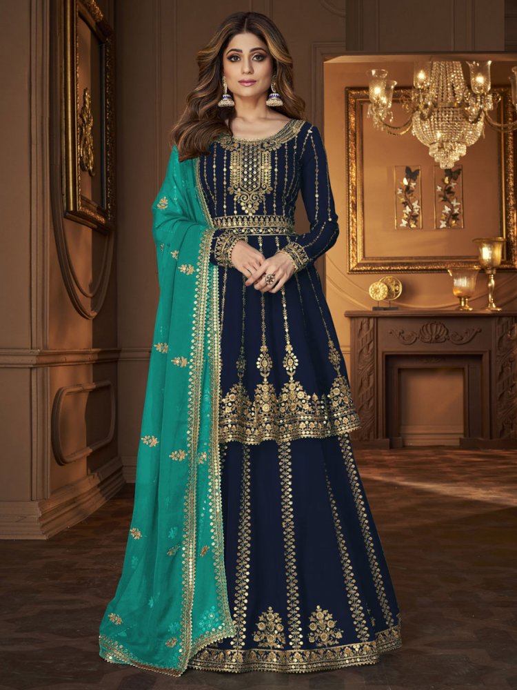 Sapphire Blue Faux Georgette Embroidered Party Sharara Pant Kameez