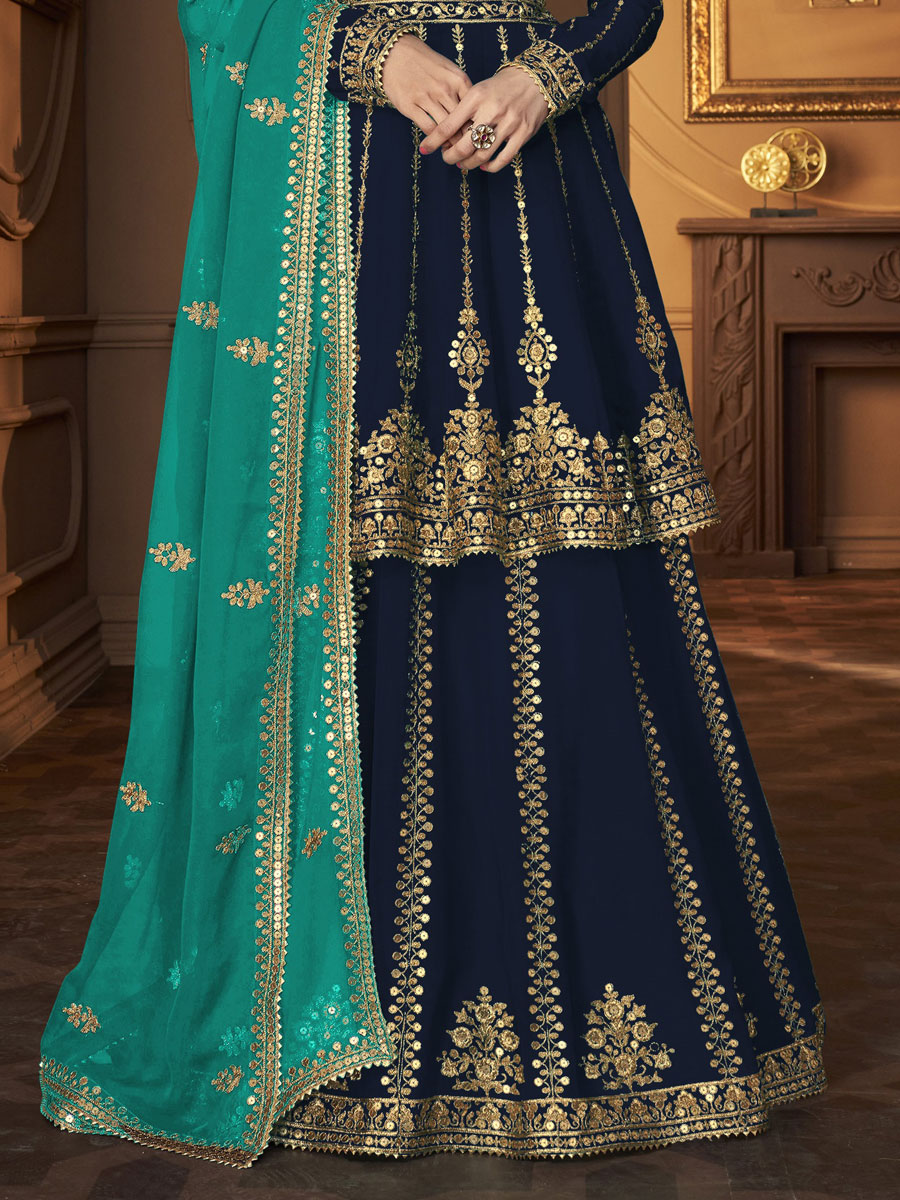 Sapphire Blue Faux Georgette Embroidered Party Sharara Pant Kameez
