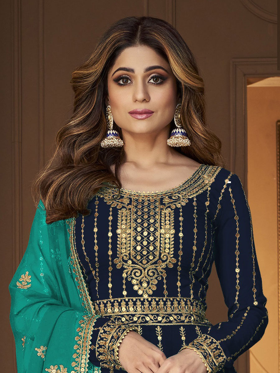 Sapphire Blue Faux Georgette Embroidered Party Sharara Pant Kameez
