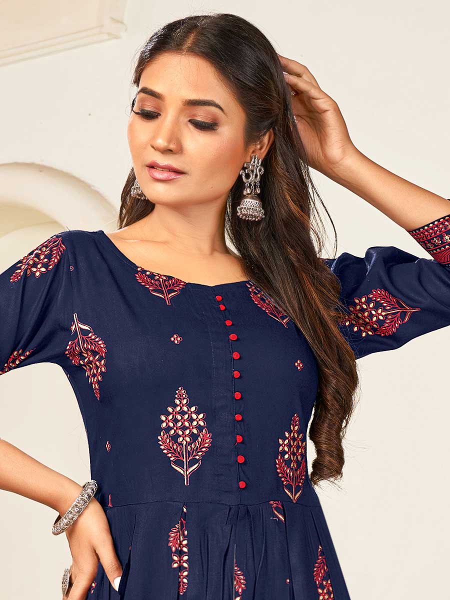 Sapphire Blue Rayon Printed Festival Gown