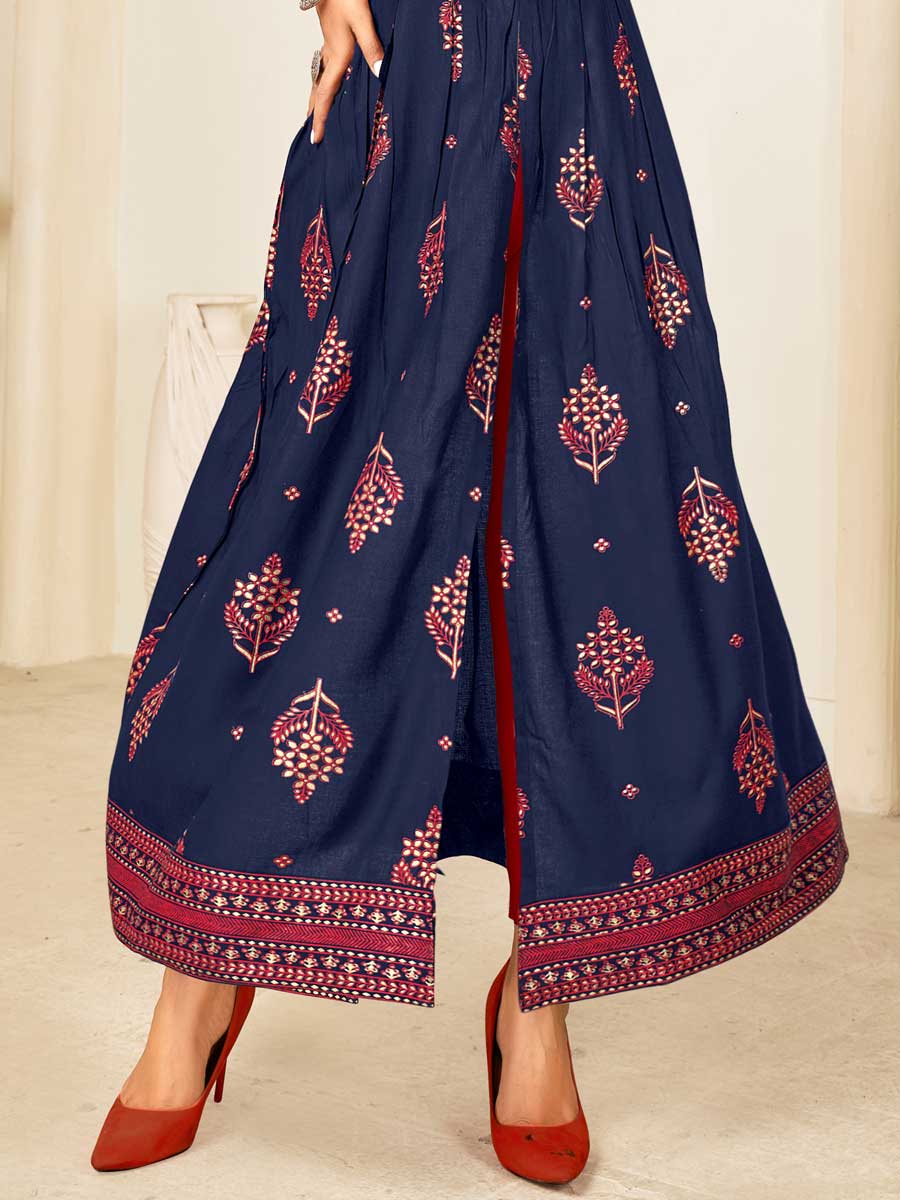 Sapphire Blue Rayon Printed Festival Gown