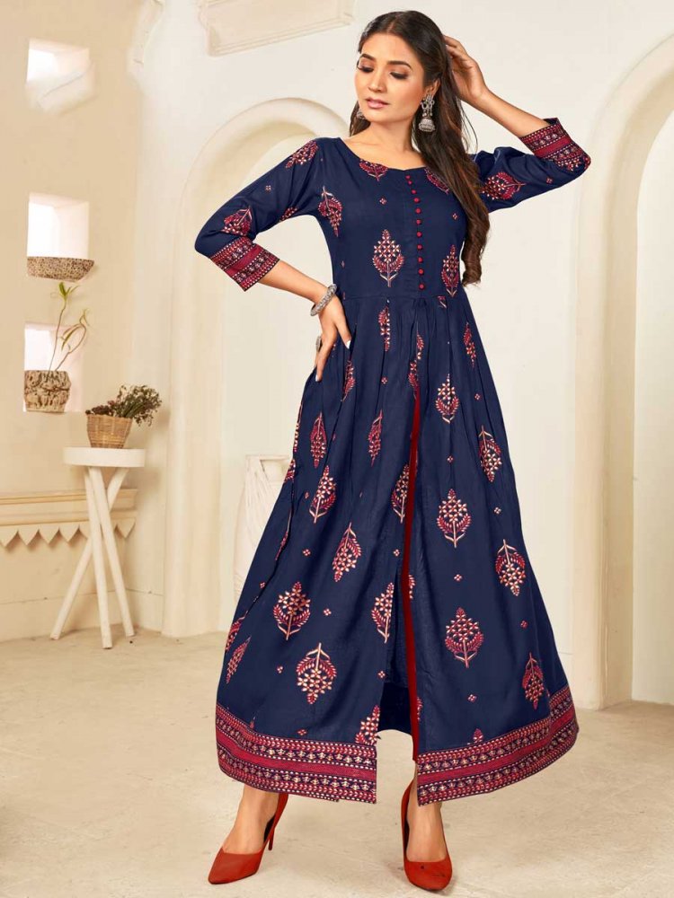 Sapphire Blue Rayon Printed Festival Gown