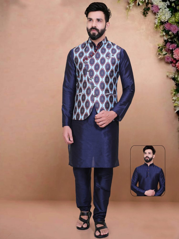 Sapphire Blue Silk Handwoven Party Kurta Nehru Jacket