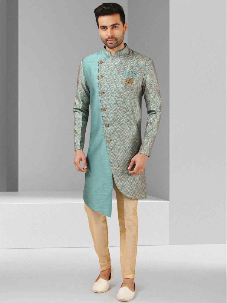 Sea Blue Art Silk Plain Printed Party Wedding Sherwani