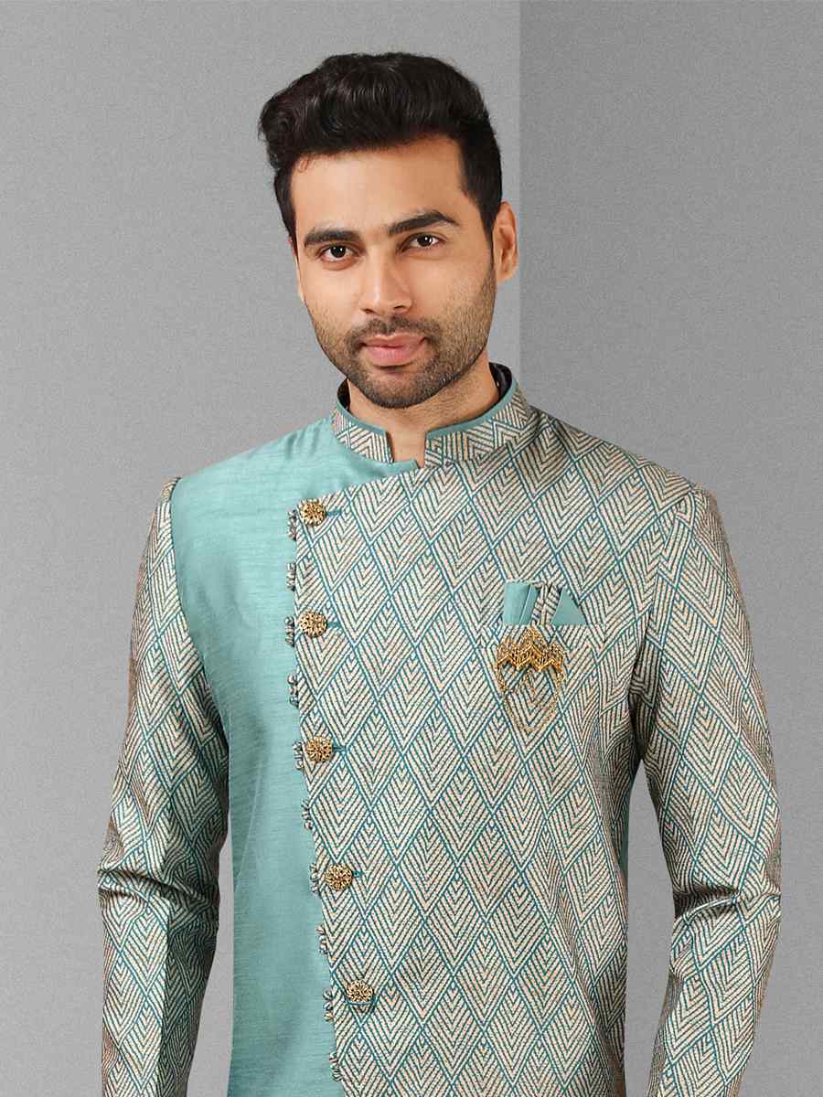 Sea Blue Art Silk Plain Printed Party Wedding Sherwani