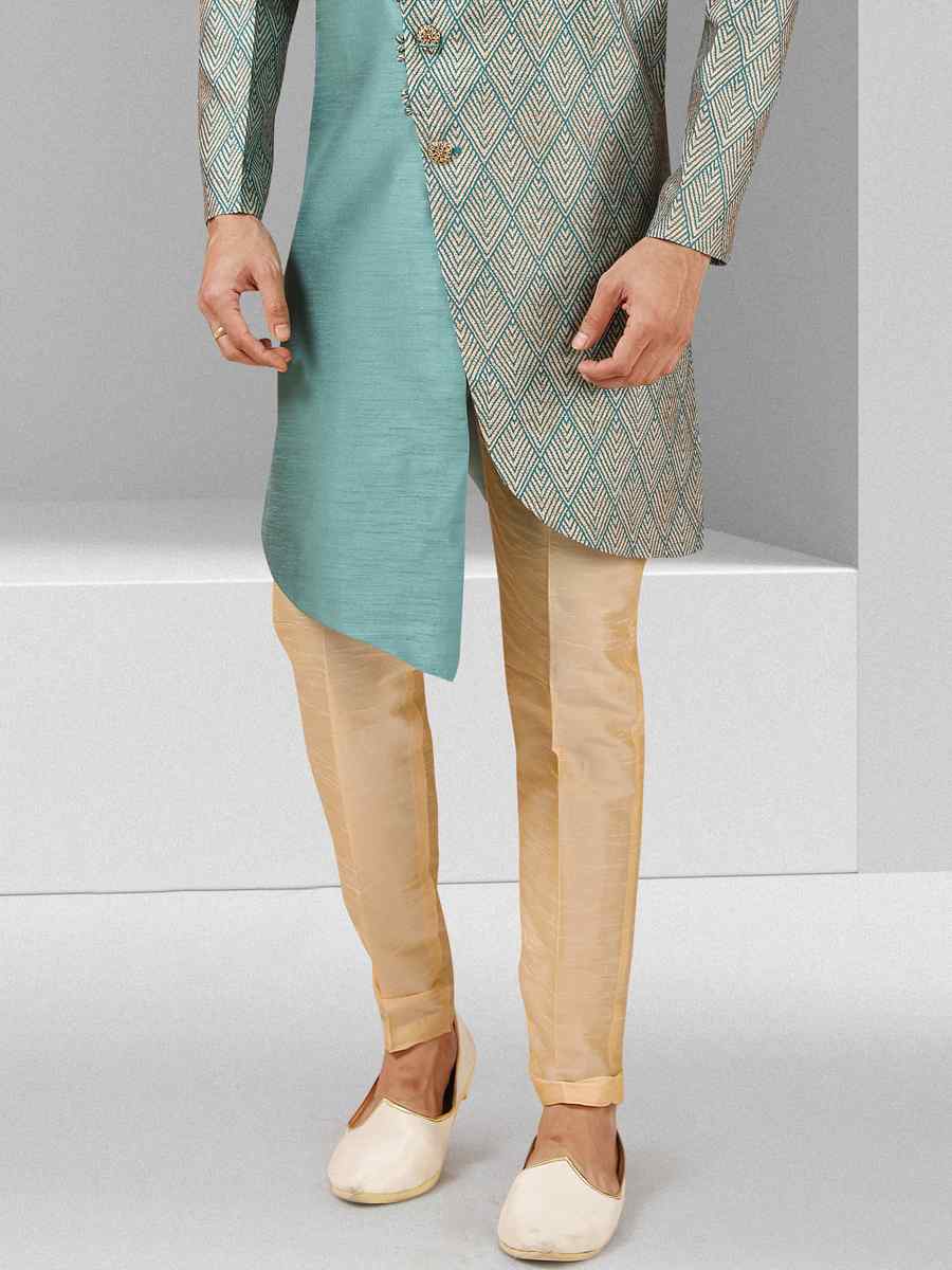 Sea Blue Art Silk Plain Printed Party Wedding Sherwani