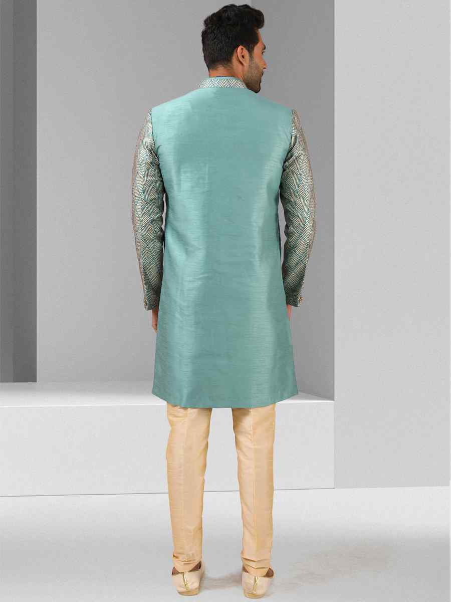 Sea Blue Art Silk Plain Printed Party Wedding Sherwani