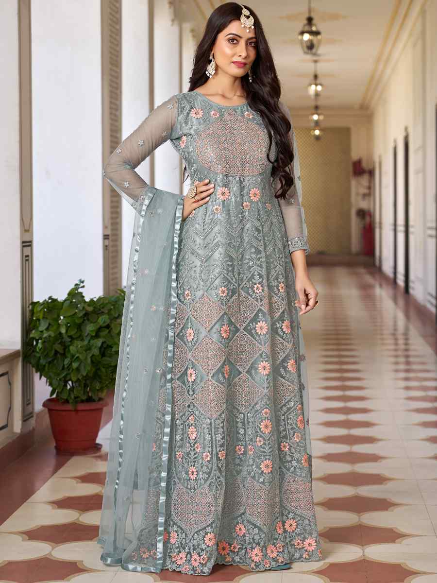 Sea Blue Butterfly Net Embroidered Festival Mehendi Anarkali Salwar Kameez