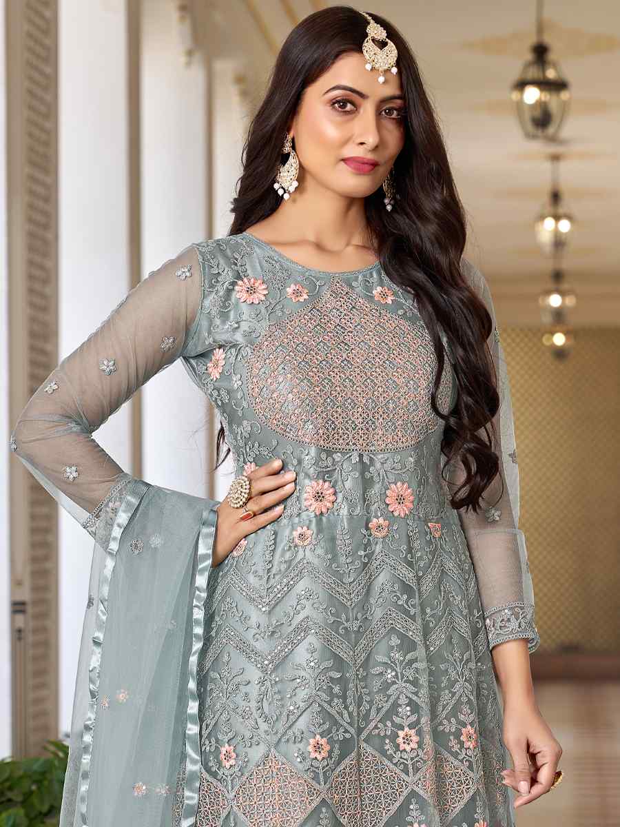 Sea Blue Butterfly Net Embroidered Festival Mehendi Anarkali Salwar Kameez