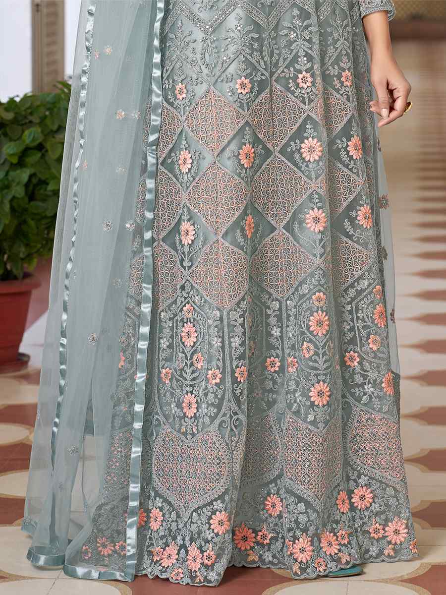 Sea Blue Butterfly Net Embroidered Festival Mehendi Anarkali Salwar Kameez
