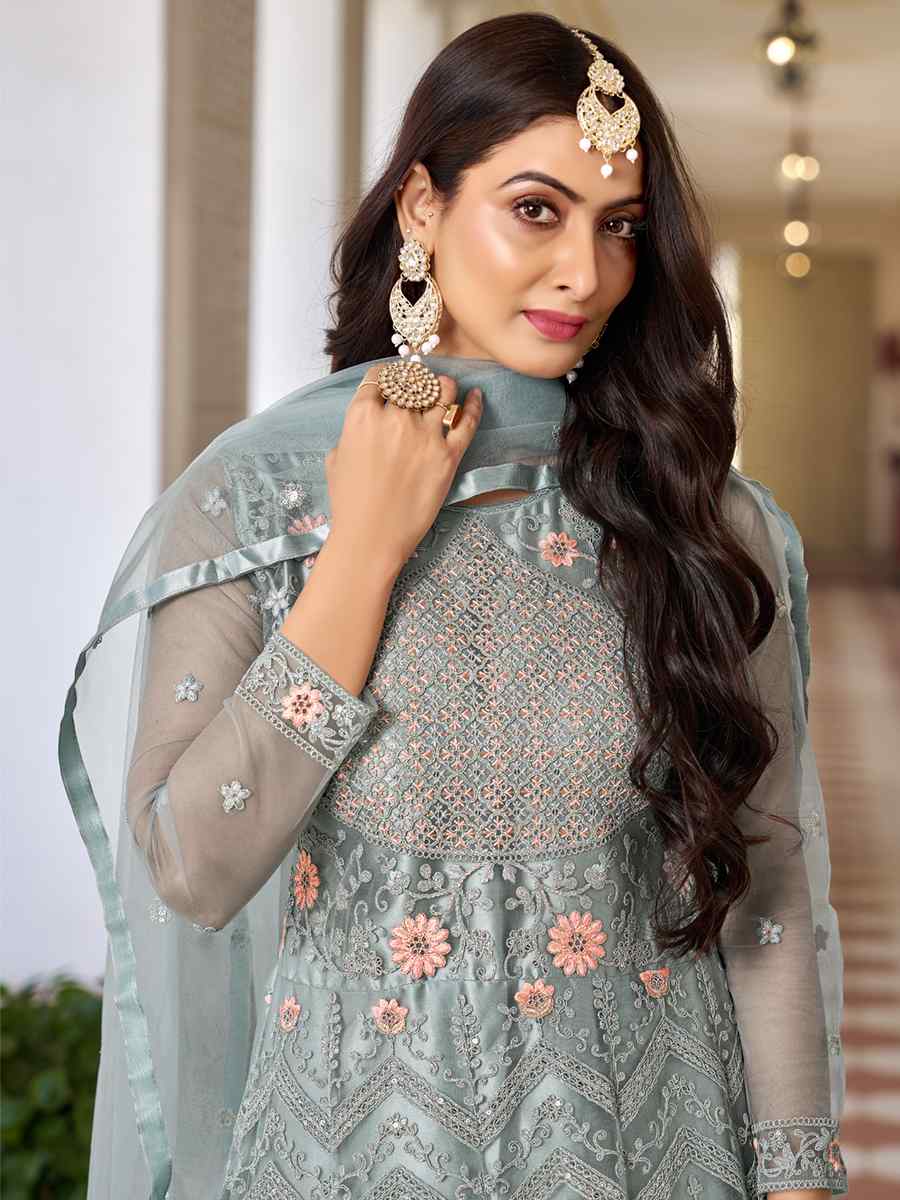 Sea Blue Butterfly Net Embroidered Festival Mehendi Anarkali Salwar Kameez