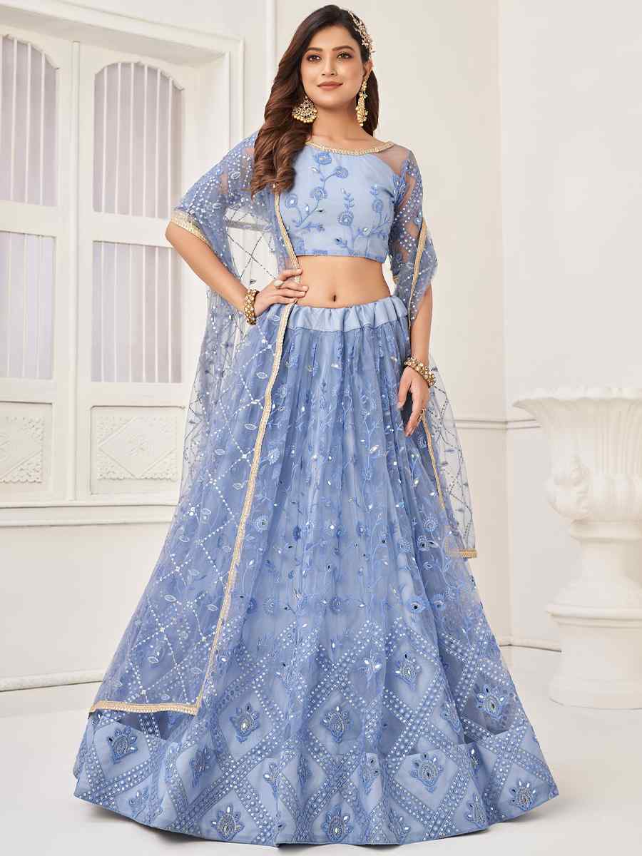 Sea Blue Butterfly Net Embroidered Festival Wedding Circular Lehenga Choli