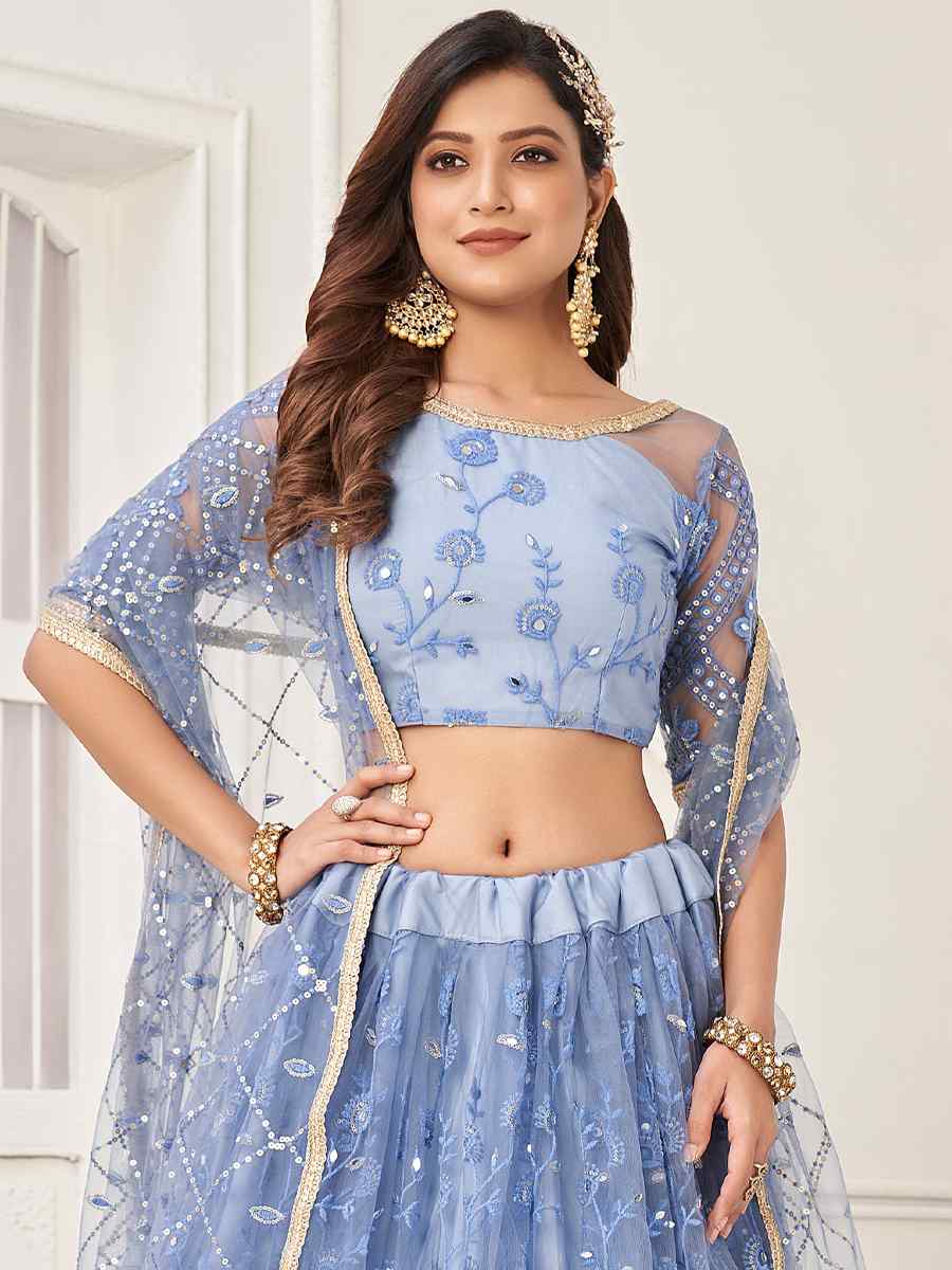 Sea Blue Butterfly Net Embroidered Festival Wedding Circular Lehenga Choli