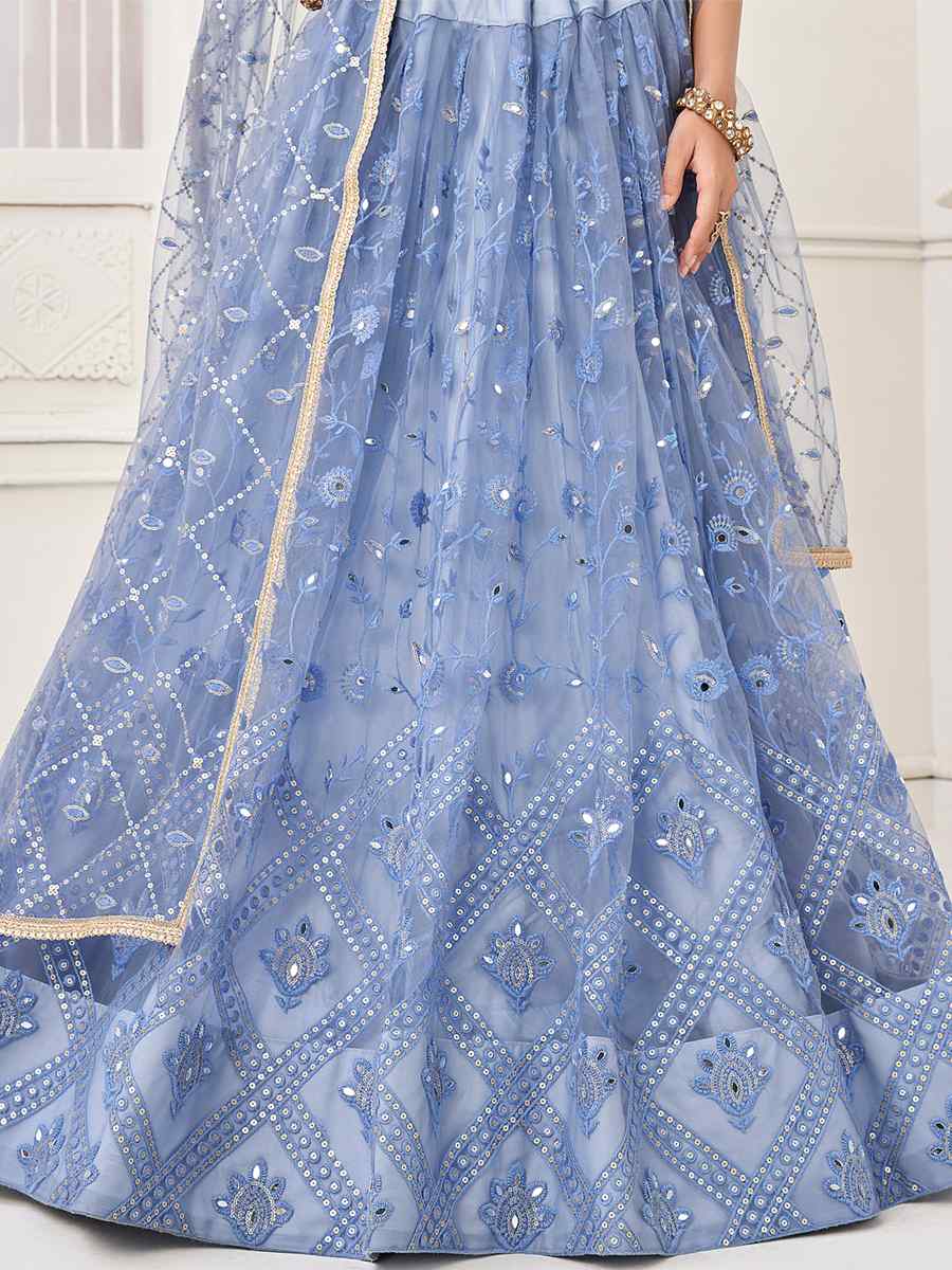 Sea Blue Butterfly Net Embroidered Festival Wedding Circular Lehenga Choli