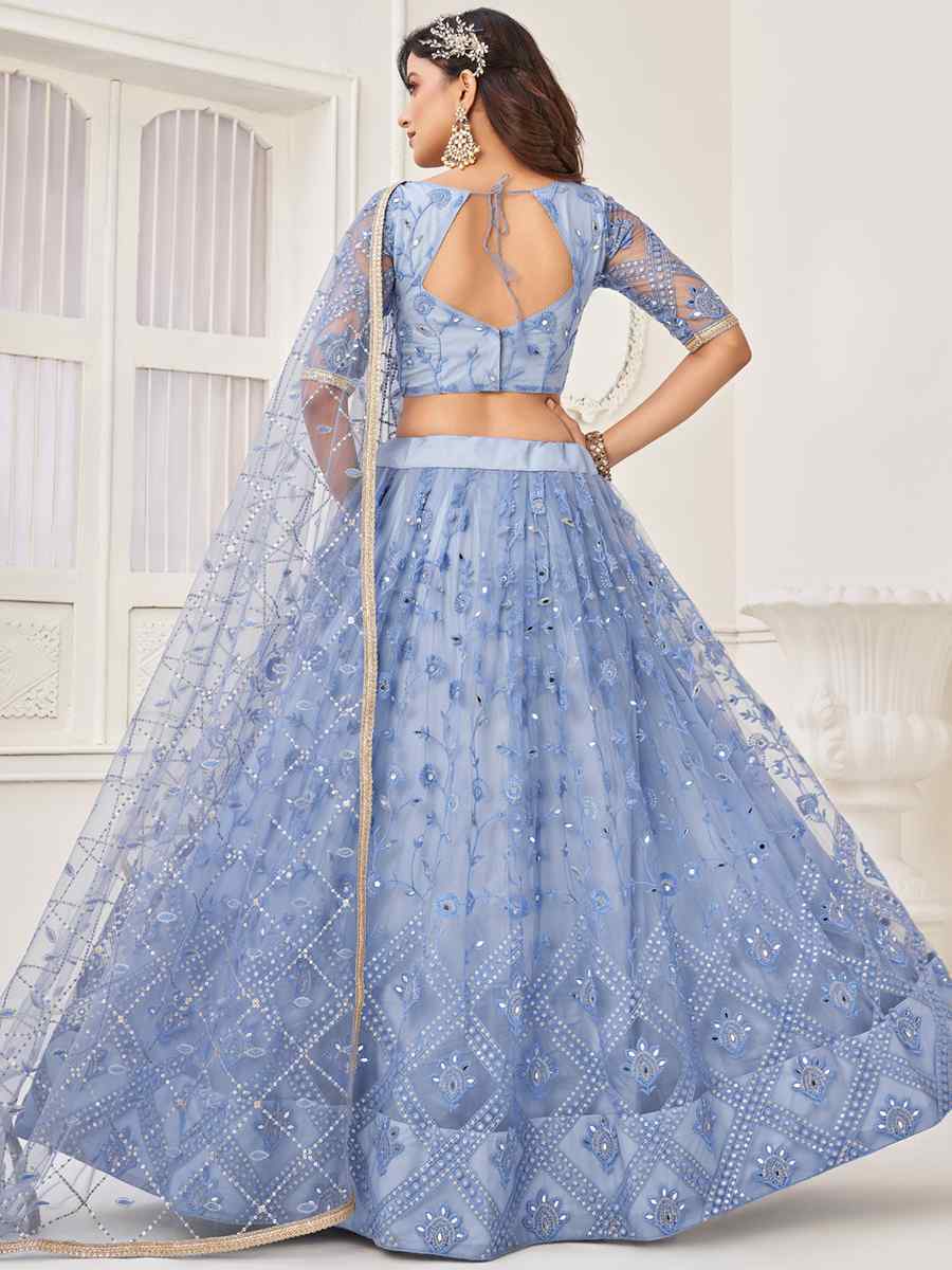 Sea Blue Butterfly Net Embroidered Festival Wedding Circular Lehenga Choli